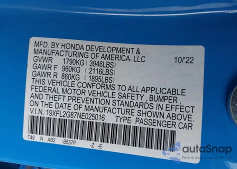 2022 Honda Civic Sport из США, поврежденный, VIN 19XFL2G87NE025016